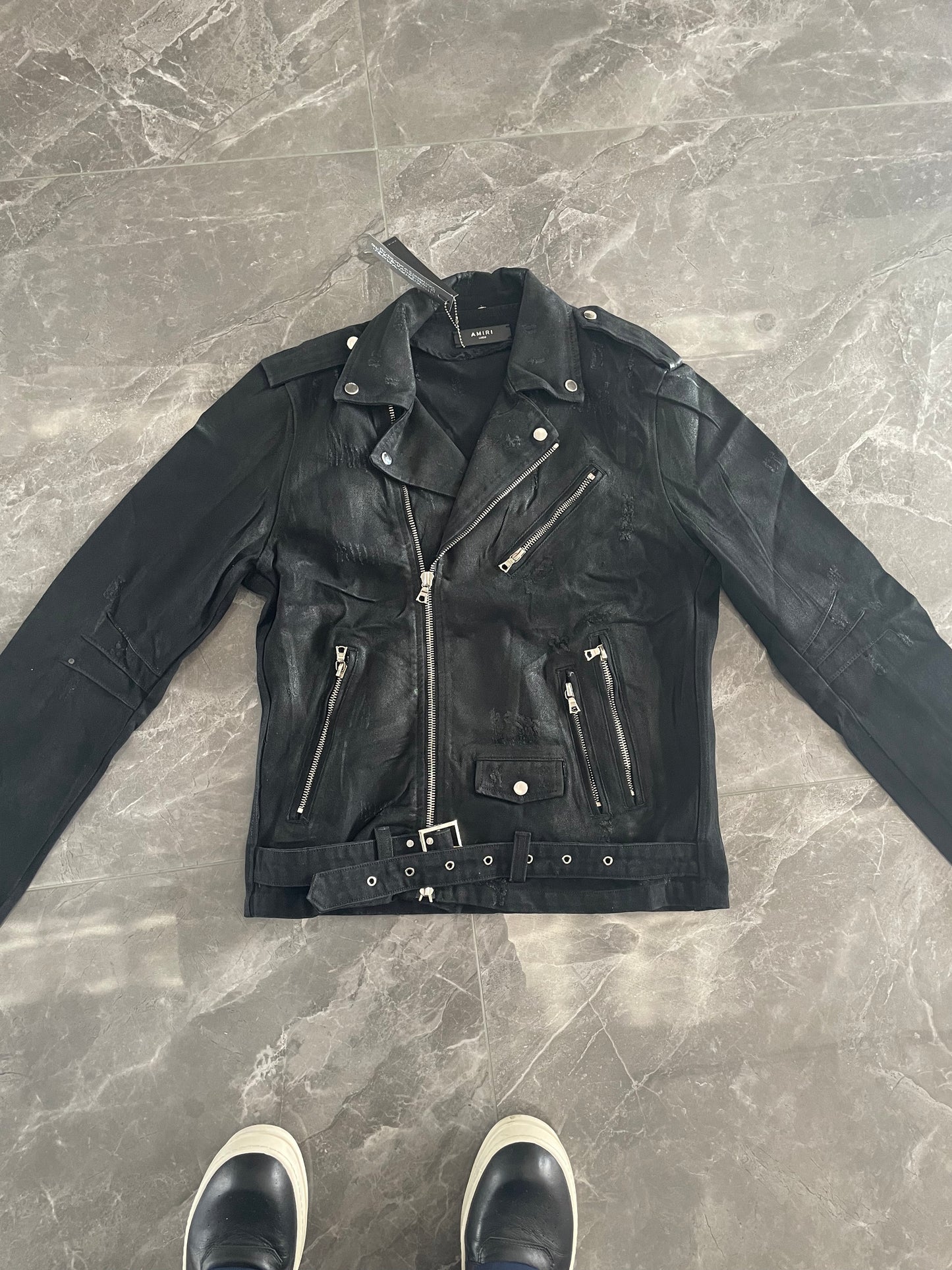 AMIRI 16SS Heavyweight Waxed Biker Jacket - Slim Waist Zip Fit High-Street