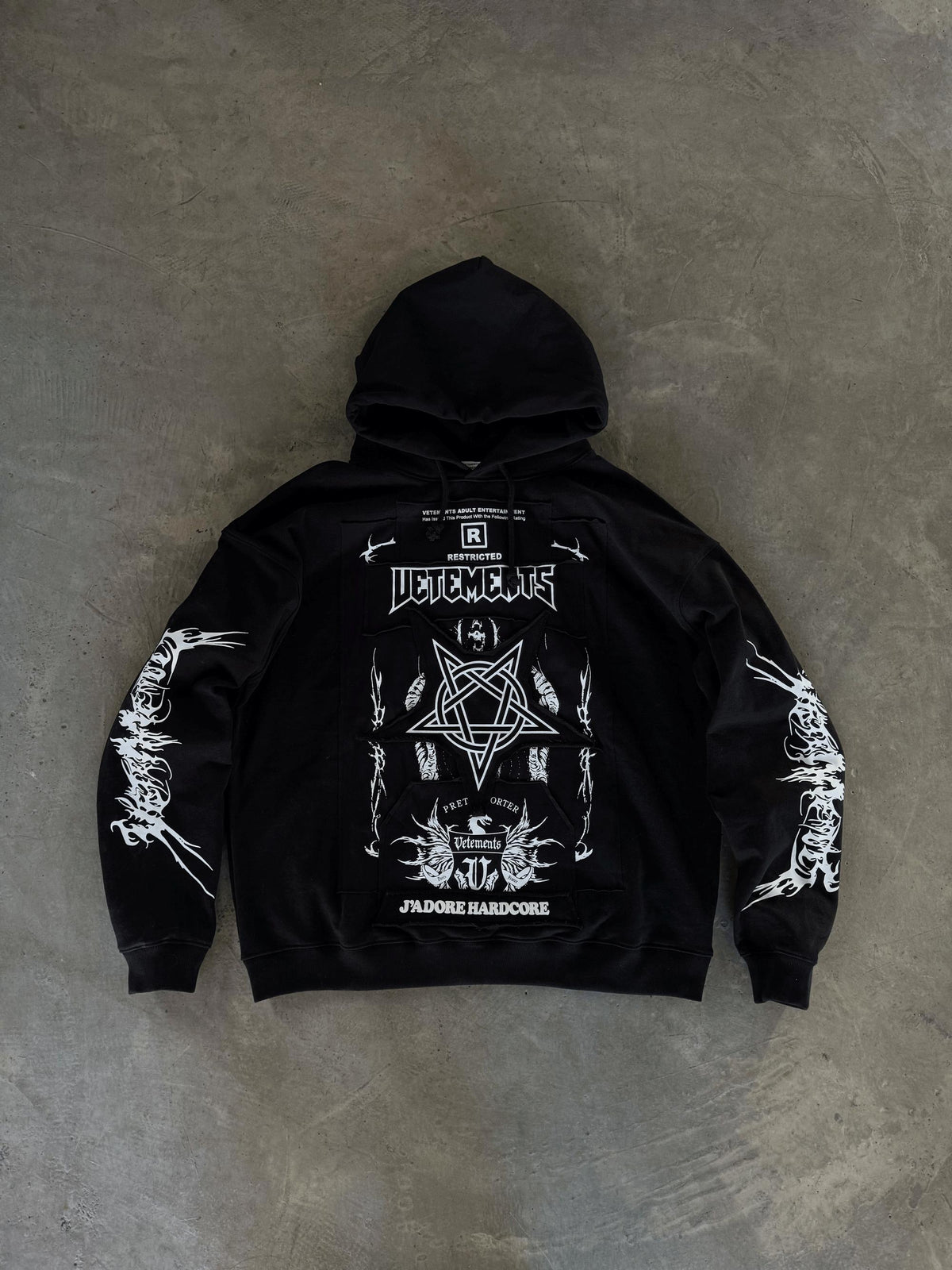 Vetements Oversized Hoodie J’adore Hardcore Patchwork Black Patched Logo