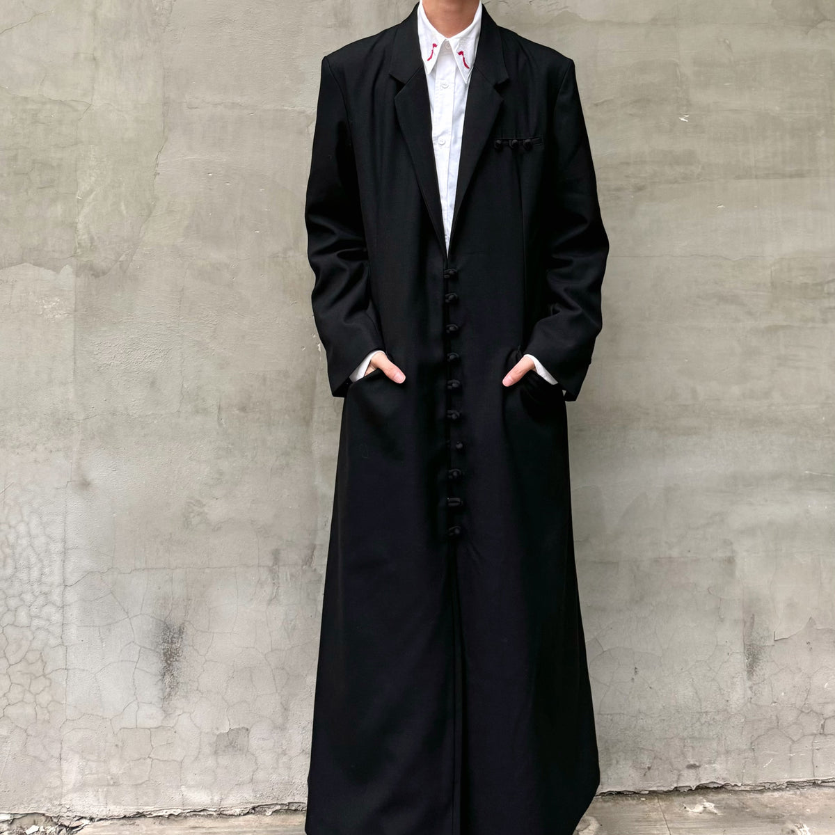 Donclick Yohji AW18 Monastic Collection Tuxedo-Wrap Fabric Buttons Wool Overcoat