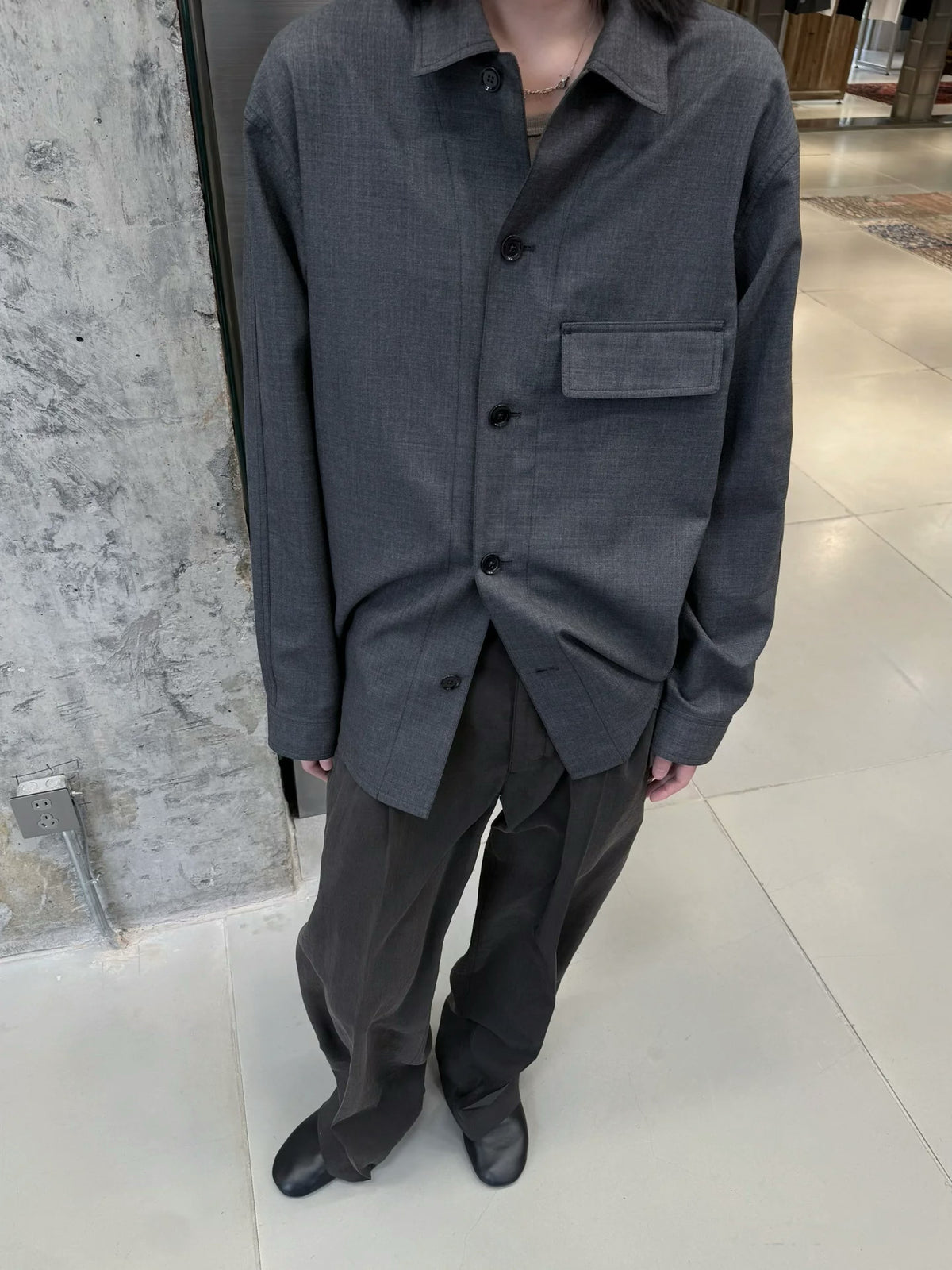 LEM SS25 Black-Grey Wool Shirt Jacket - 100% Wool Button-Front Overshirt