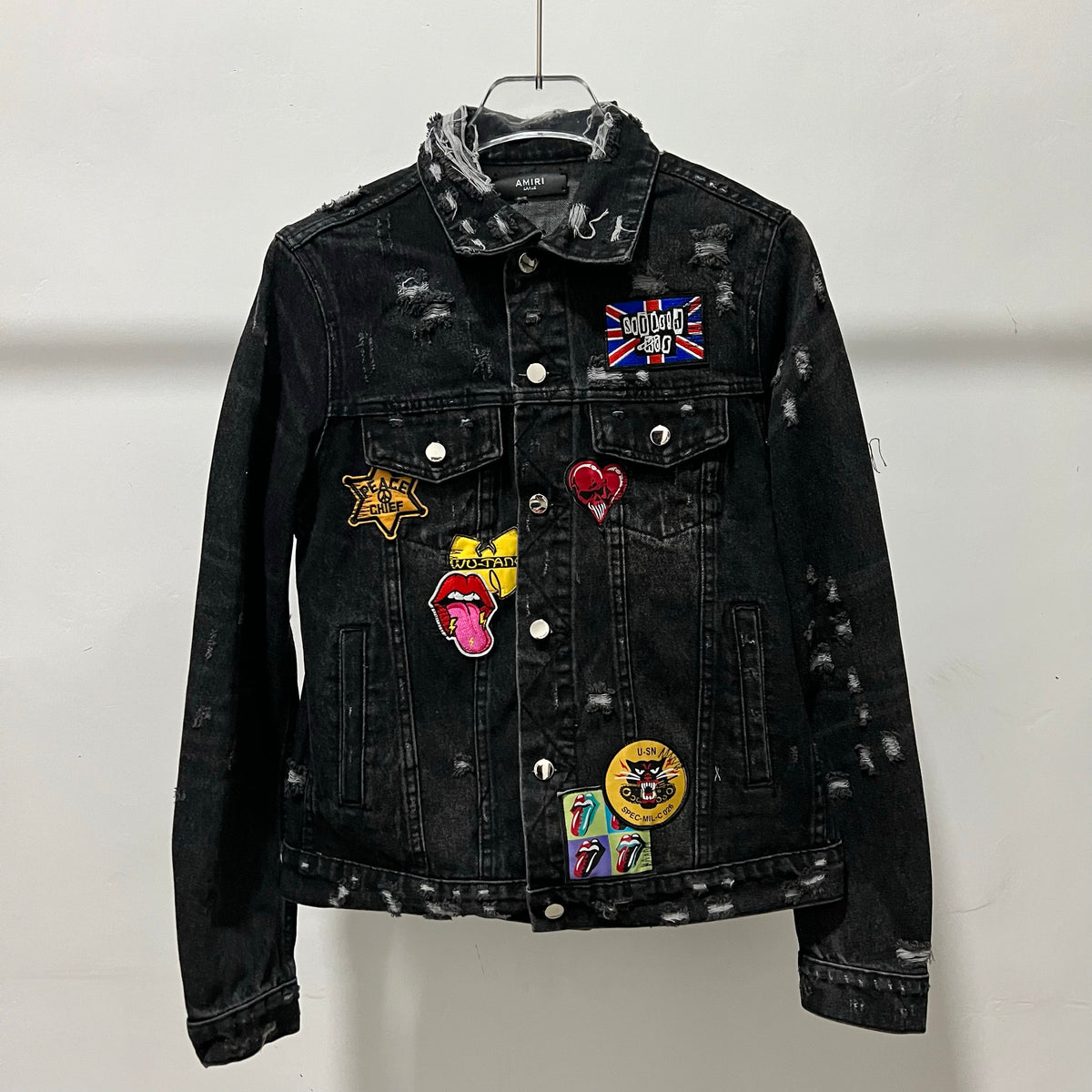 AMIRI Kill Back Denim Jacket - High Street Raw Hem Random Embroidered Patches
