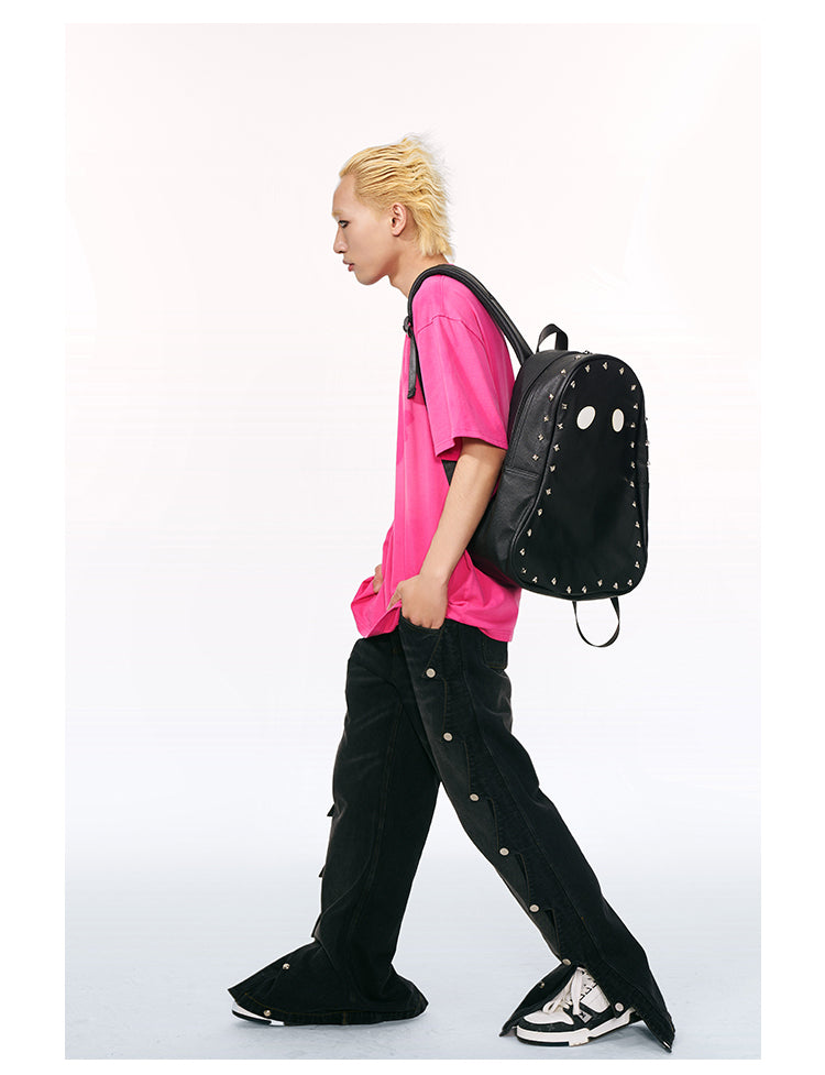 Fun & Cool Punk Studded Ghost PU Leather Backpack - Imp Halloween Edition - Black