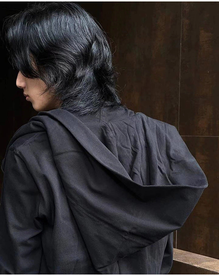 RO Dark Wizard Rick Owen Hoodie - Asymmetric Zip Avant-garde Black Winter Fleece