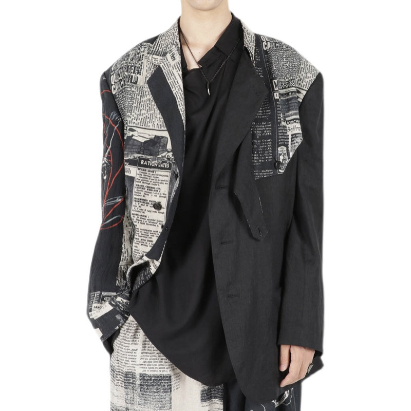 Yohji 23AW Newspaper Print Blazer - Casual Loose Black Suit Jackets