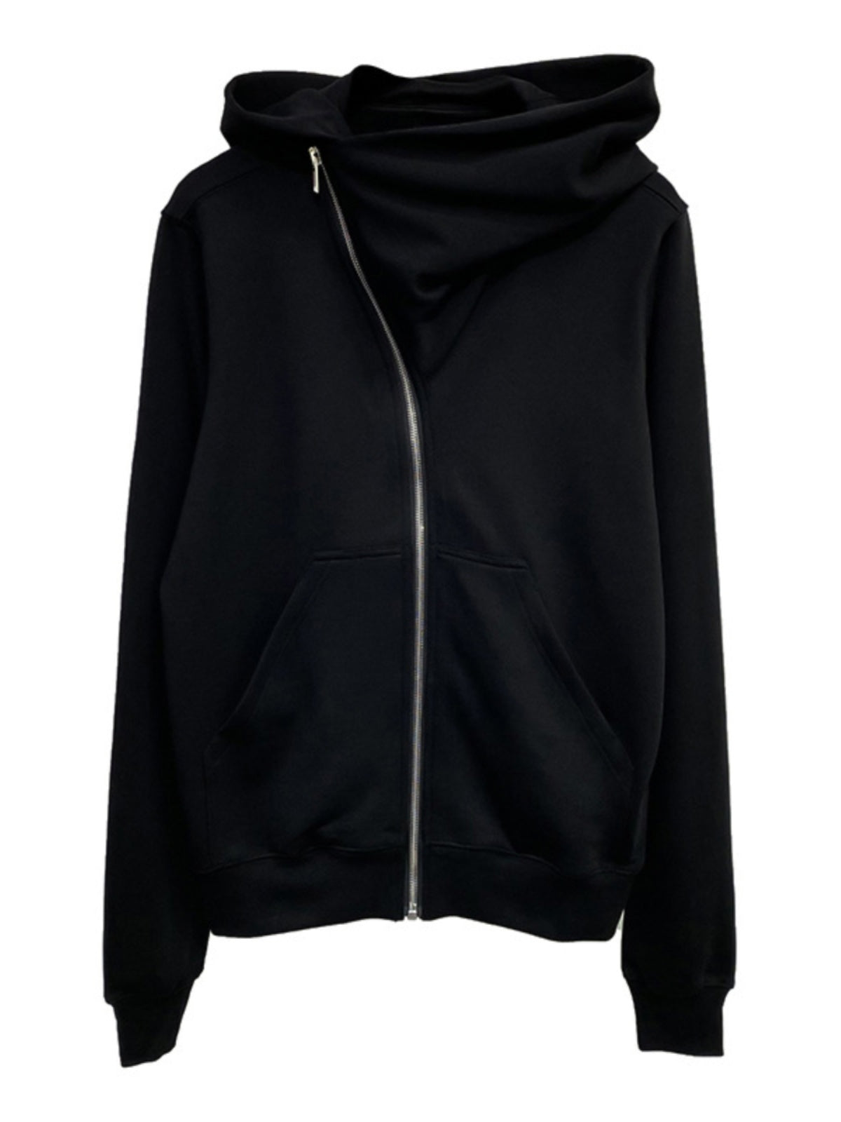 RO Dark Wizard Rick Owen Hoodie - Asymmetric Zip Avant-garde Black Winter Fleece