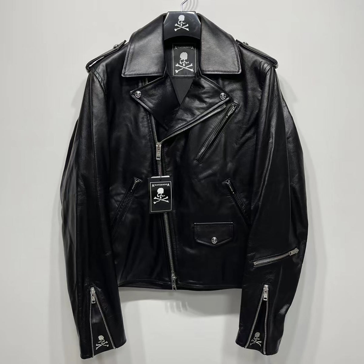 MASTERMIND Skull Embroidery Cowhide Biker Jacket - Luxury Darkwear