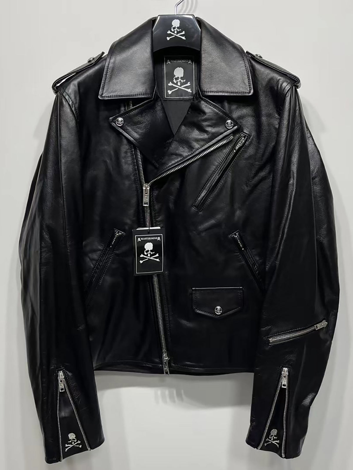 MASTERMIND Skull Embroidery Cowhide Biker Jacket - Luxury Darkwear