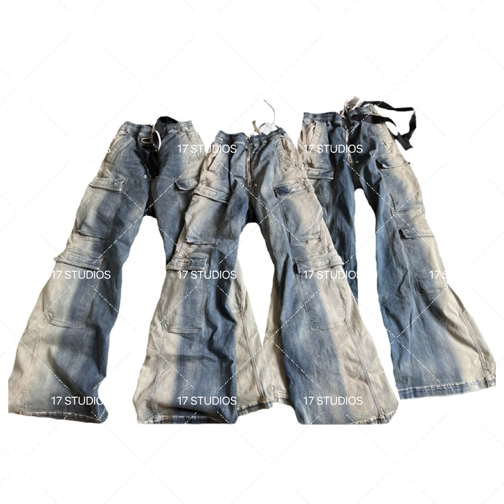 Ro Washed Gradient Multi-Pocket Cargo Jeans Straight Drawstring Wide-Leg Flare - Size avaliable S 46 M 48 L 50