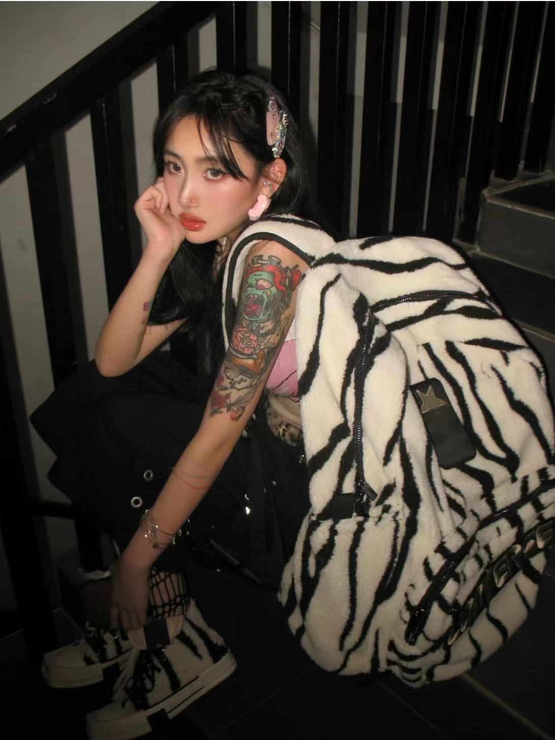 Custom-made RO Rick Owens Collaboration Zebra Stripe Large Street Plush Backpack
