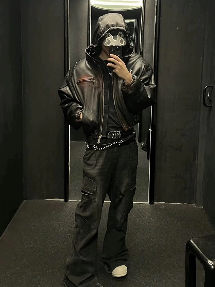 Thug Club Washed Black Hooded Leather Jacket - Cropped Biker Coat -