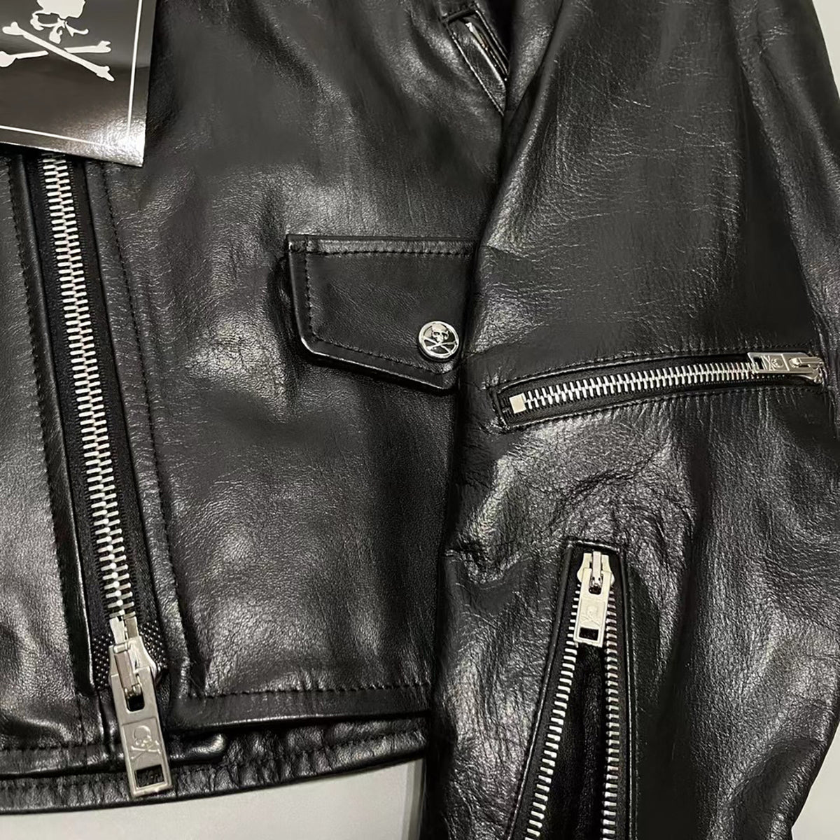 MASTERMIND Skull Embroidery Cowhide Biker Jacket - Luxury Darkwear