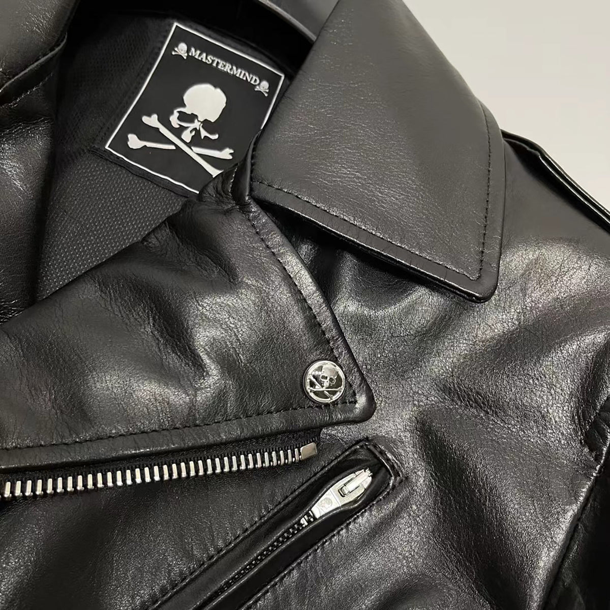 MASTERMIND Skull Embroidery Cowhide Biker Jacket - Luxury Darkwear