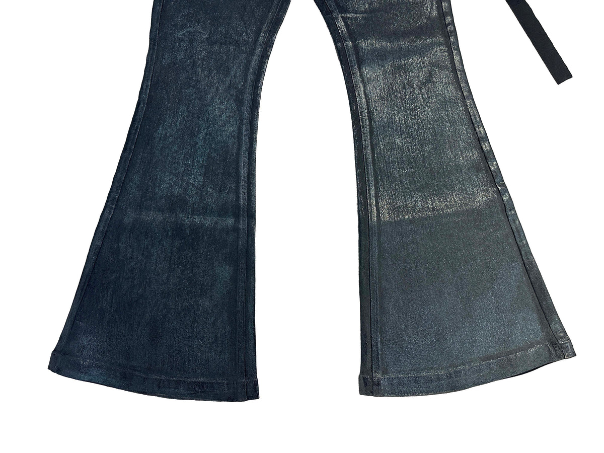 Rick Owen ACBT Dark Waxed Black Denim Pants – High Stretch Flared Wide-Leg Trousers - Size avaliable 28~34