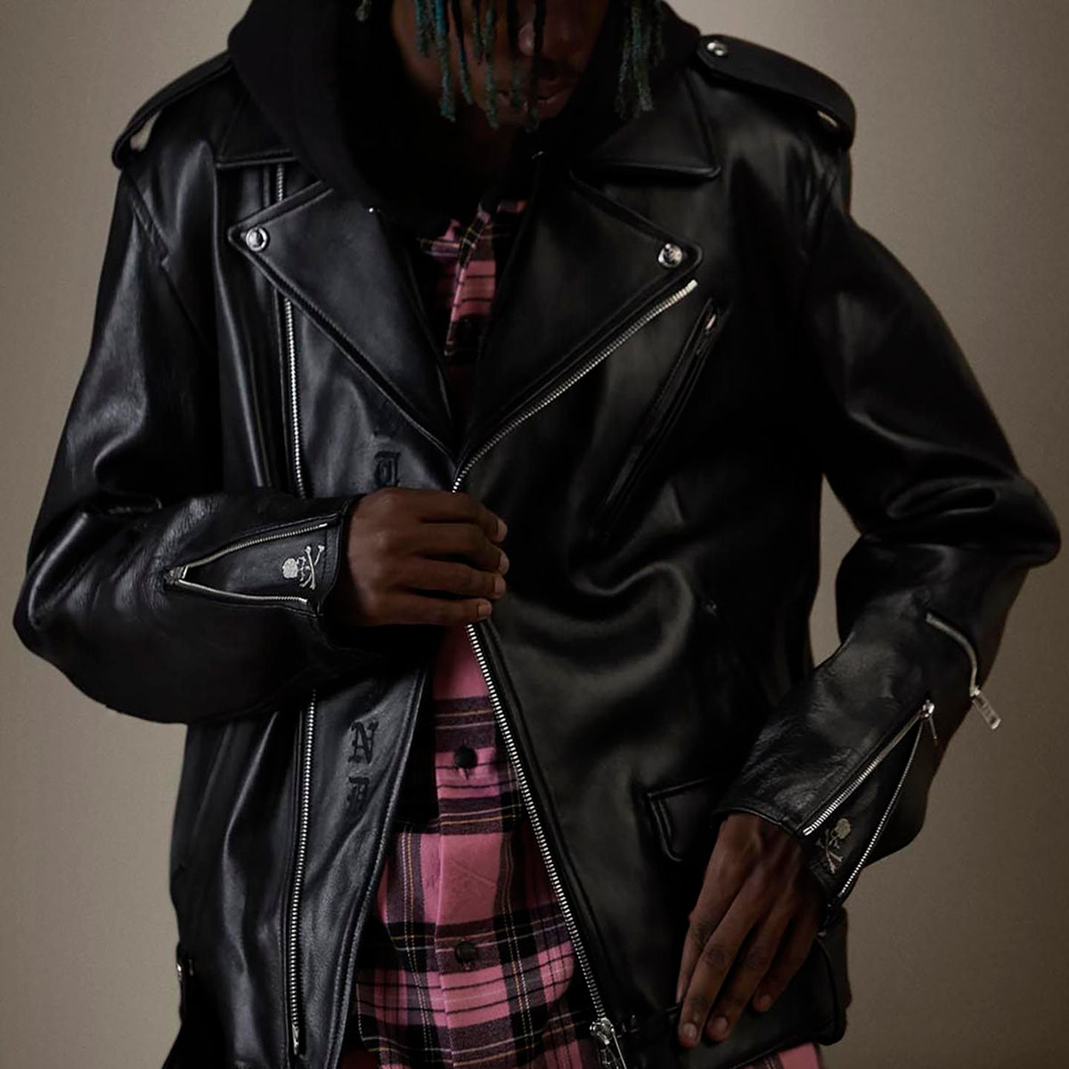 MASTERMIND Skull Embroidery Cowhide Biker Jacket - Luxury Darkwear