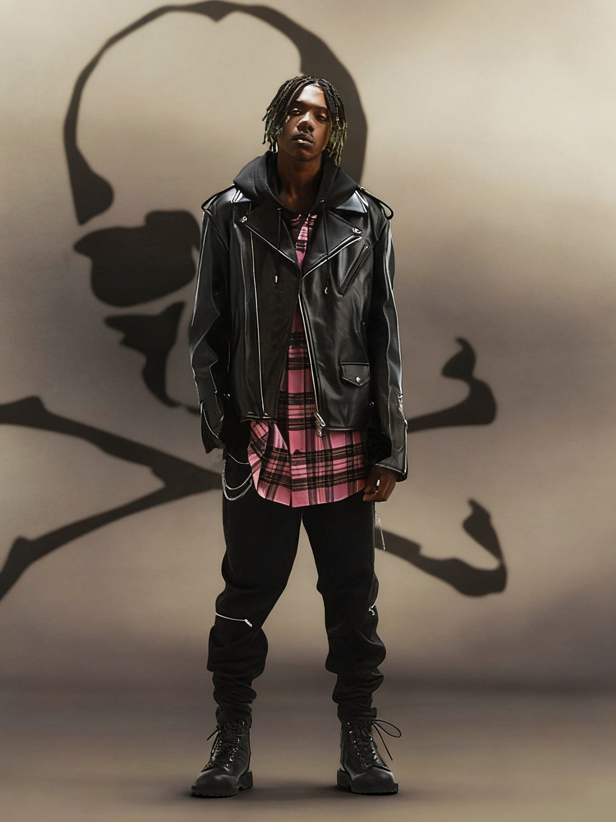 MASTERMIND Skull Embroidery Cowhide Biker Jacket - Luxury Darkwear