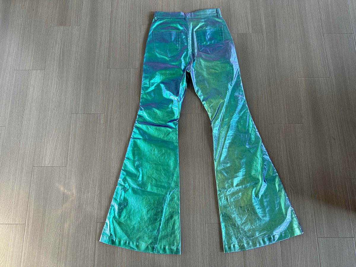 Rick Owen Acbt Coated Green Iridescent Flared Jeans - Wide-Leg Stacked Pants