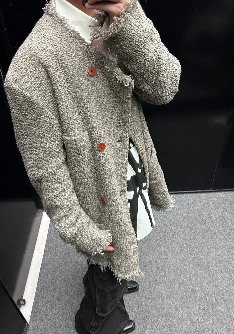 Magliano Hand-Distressed Knit Cardigan - Raw-Hem Bouclé Button-Up Unisex Coat