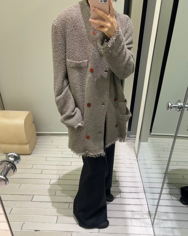 Magliano Hand-Distressed Knit Cardigan - Raw-Hem Bouclé Button-Up Unisex Coat