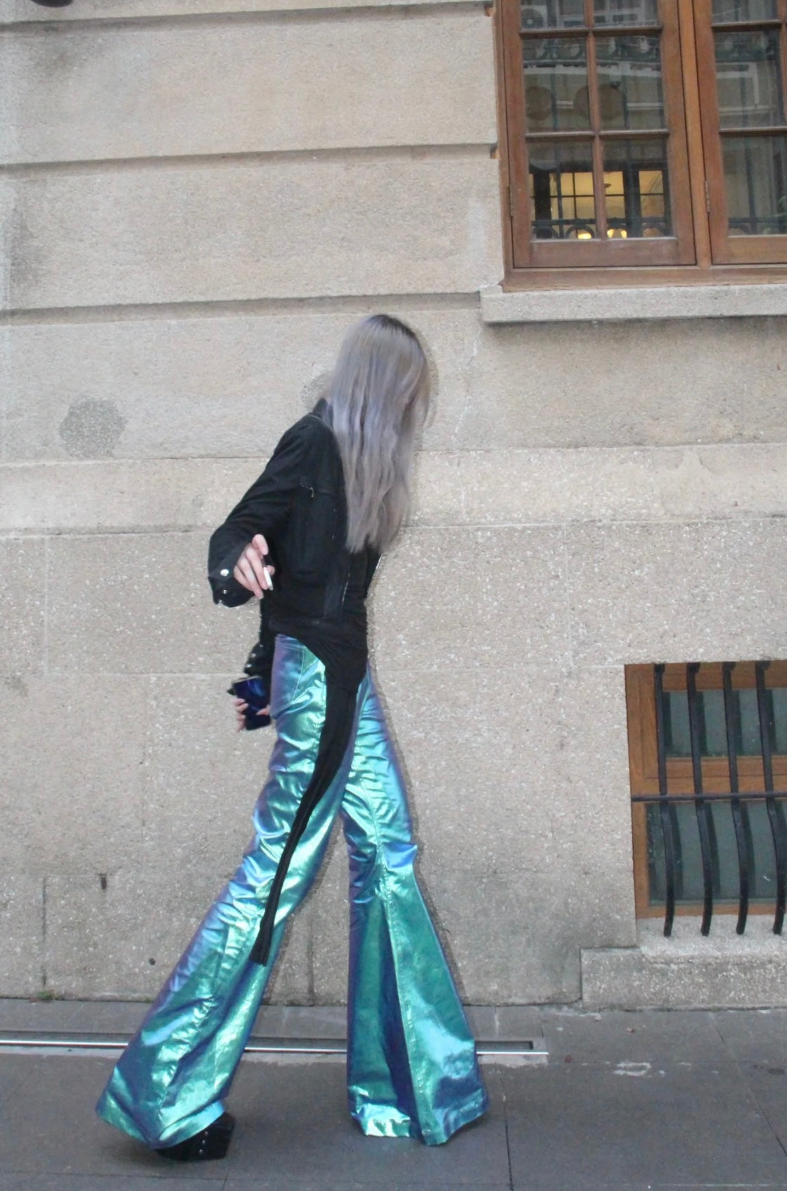 Rick Owen Acbt Coated Green Iridescent Flared Jeans - Wide-Leg Stacked Pants