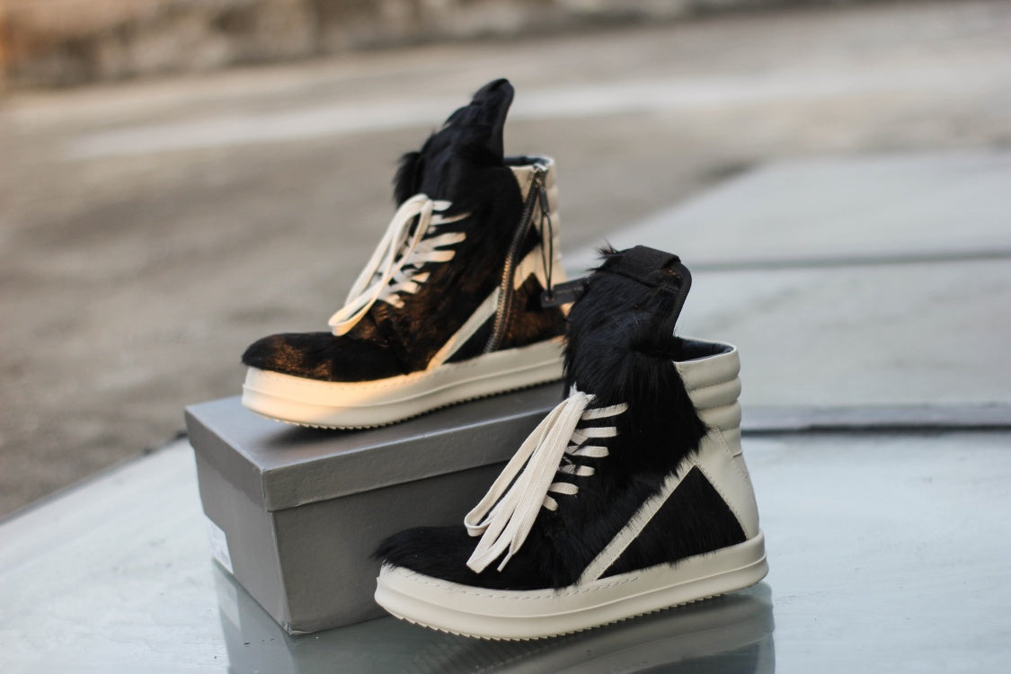 24SS Pony Hair RO High-Top Sneakers – Leather Thick Sole Casual Shoes Unisex