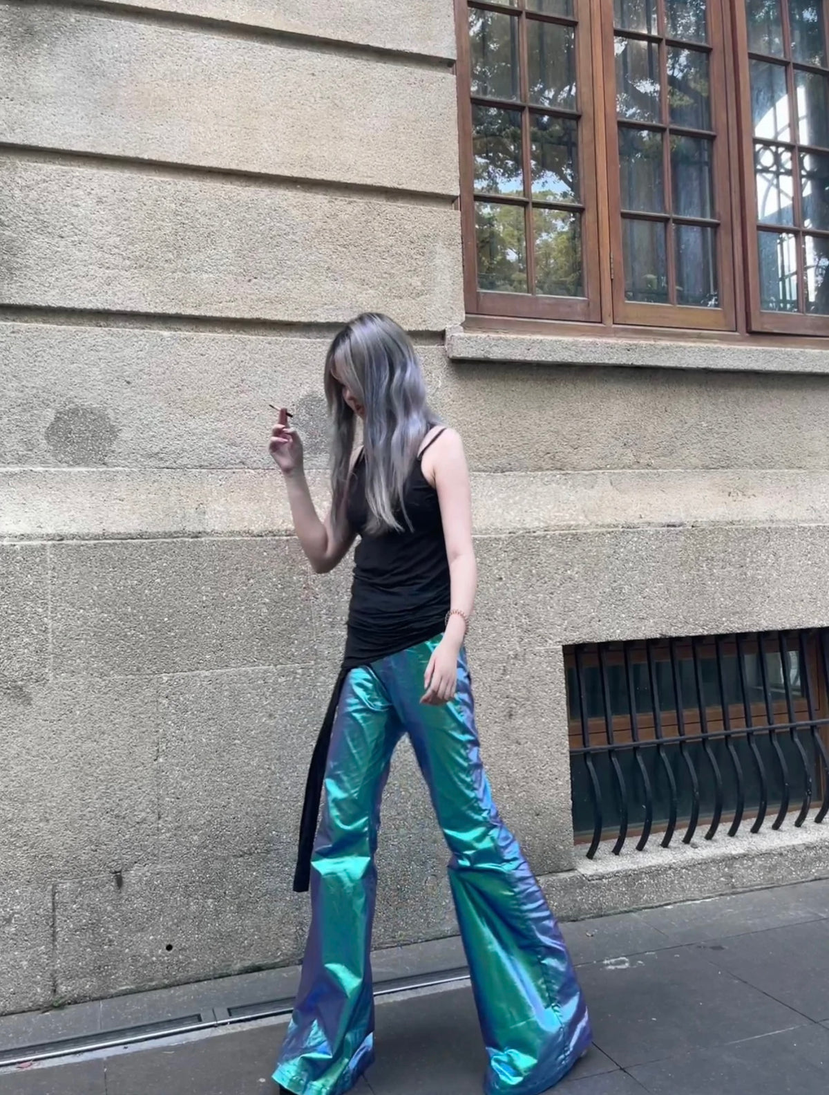 Rick Owen Acbt Coated Green Iridescent Flared Jeans - Wide-Leg Stacked Pants