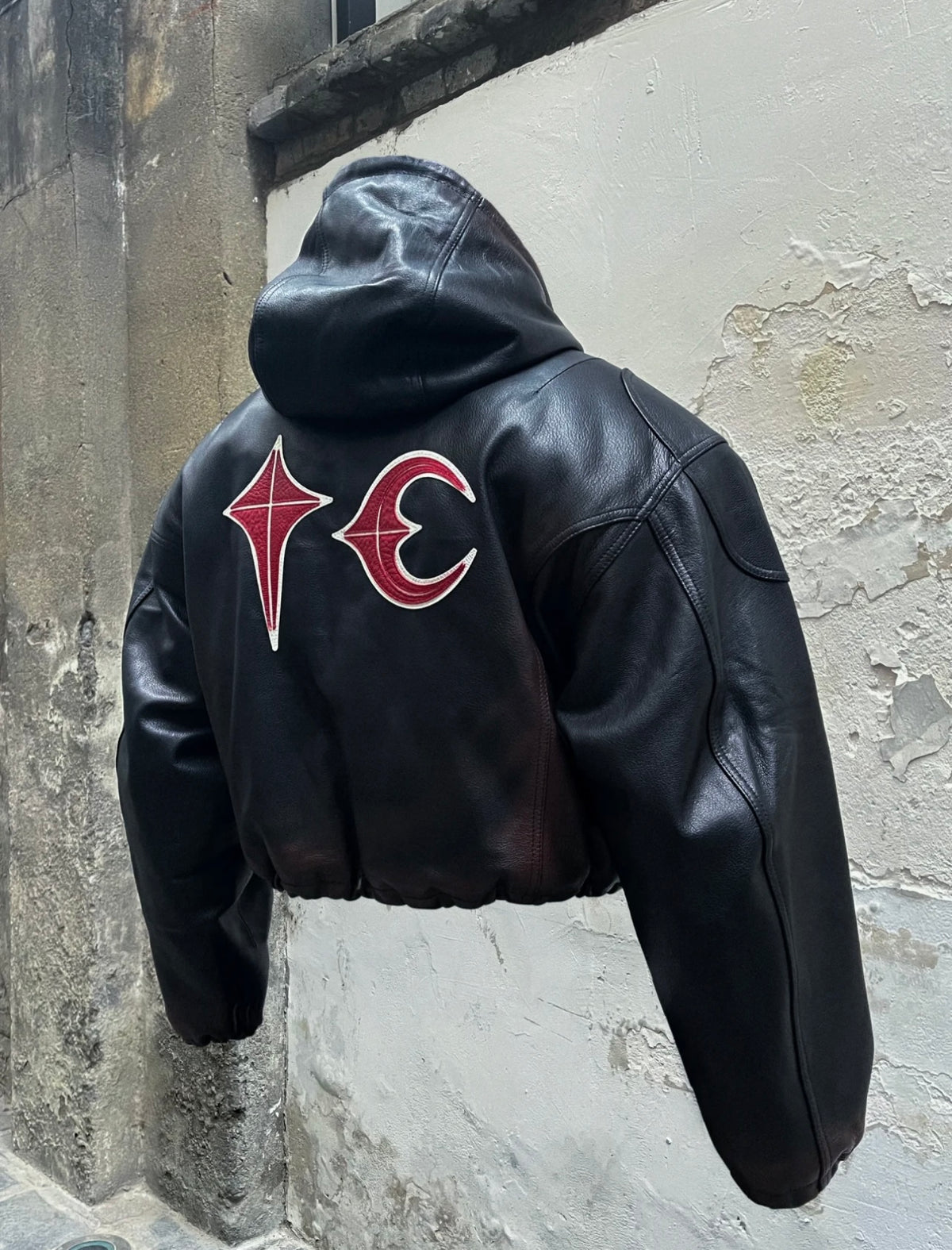 Thug Club Heavyweight Washed Goatskin Hooded Leather Short Padded Jacket