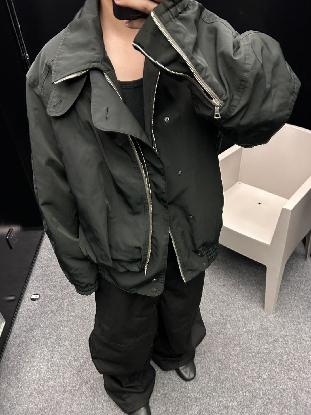 DVN AW24 Asymmetric Cocoon Zip Jacket - Nylon Utility Pants Set Oversized Pocket