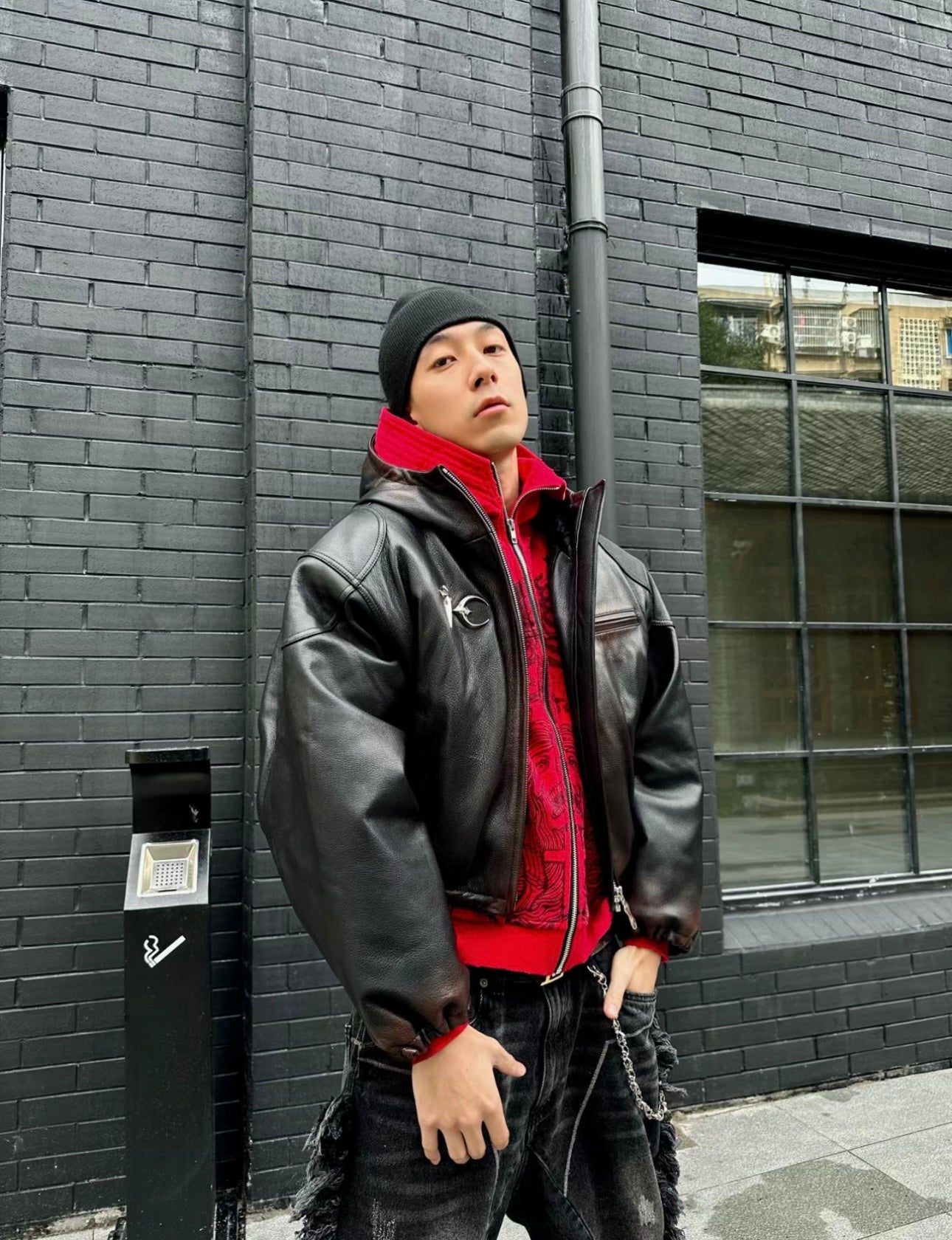Thug Club Heavyweight Washed Goatskin Hooded Leather Short Padded Jacket