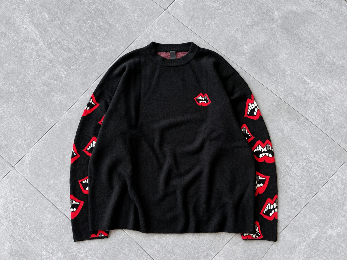 Matty Boy Chomper Lips Knit Sweater - Chrome Red Cross Leather Patch Pullover