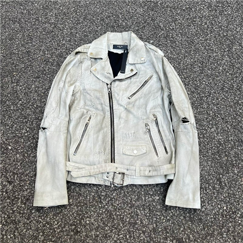 AMIRI 15OG Slim-Waist Destroyed Motorcycle Denim Washed White Jackets
