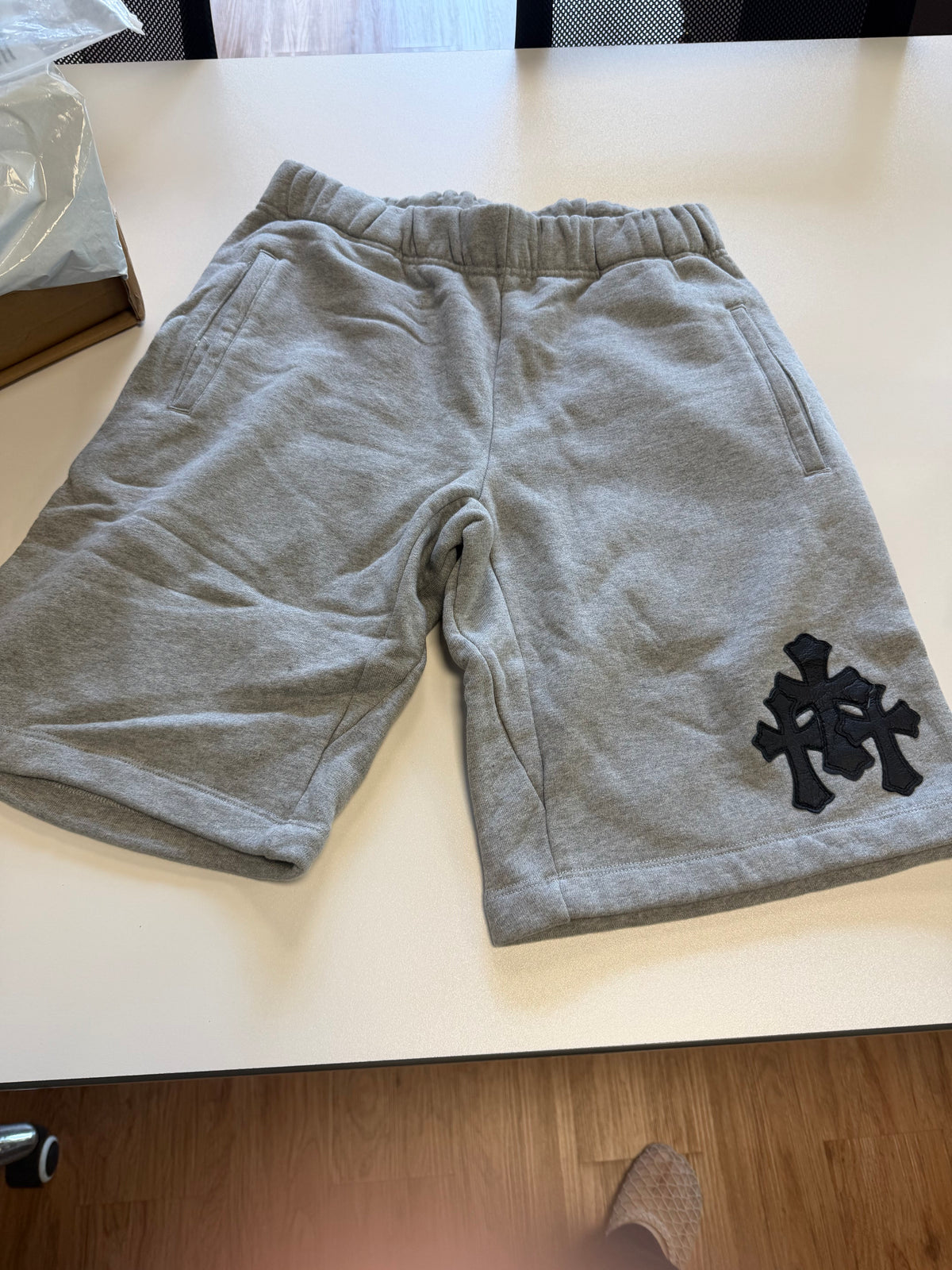 Chrome Lambskin Cross Patch Sweatshorts - Heavy Heather Grey