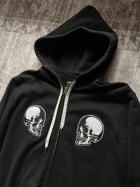 Number (N)ine Double Skull Zip-Up Hoodie - Embroidered Patch Black Sweatshirt