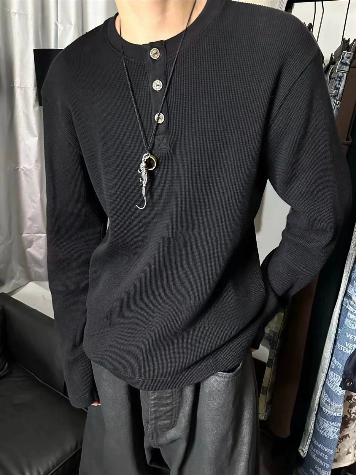 925 Silver Button | Revised Chrome 25SS Waffle Henley Long Sleeve - donclickin
