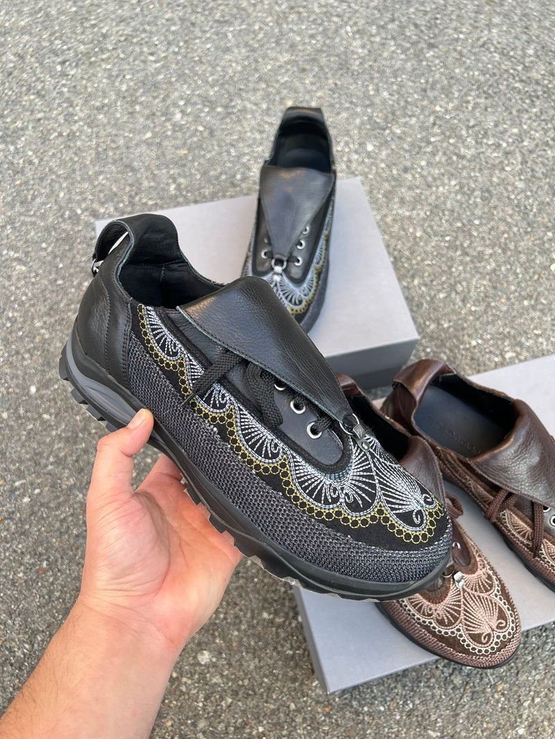 Kiko Kostadinov AW24 "CARVED BROGUE" Workwear Derby - Embroidered Leather Archive Shoe - Black
