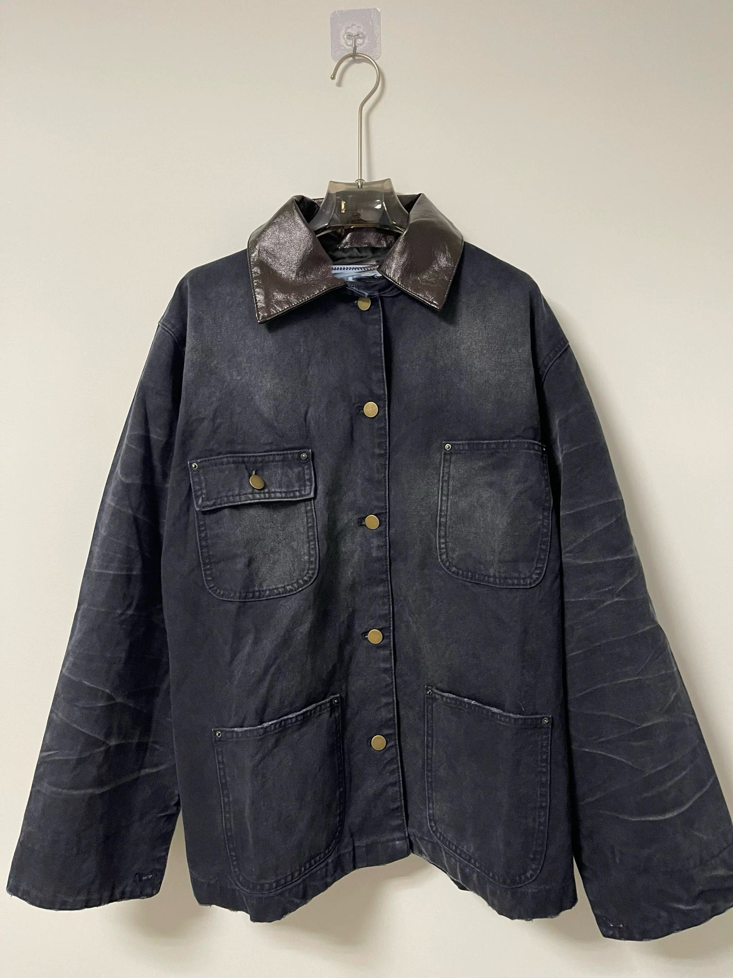 24SS Goatskin Patchwork Workwear Jacket with Leather Collar-Oversized Silhouette - Navy blue