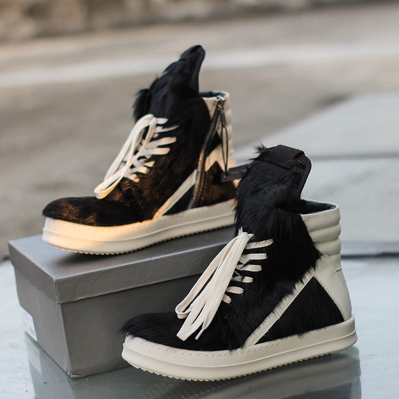 24SS Pony Hair RO High-Top Sneakers – Leather Thick Sole Casual Shoes Unisex - Black