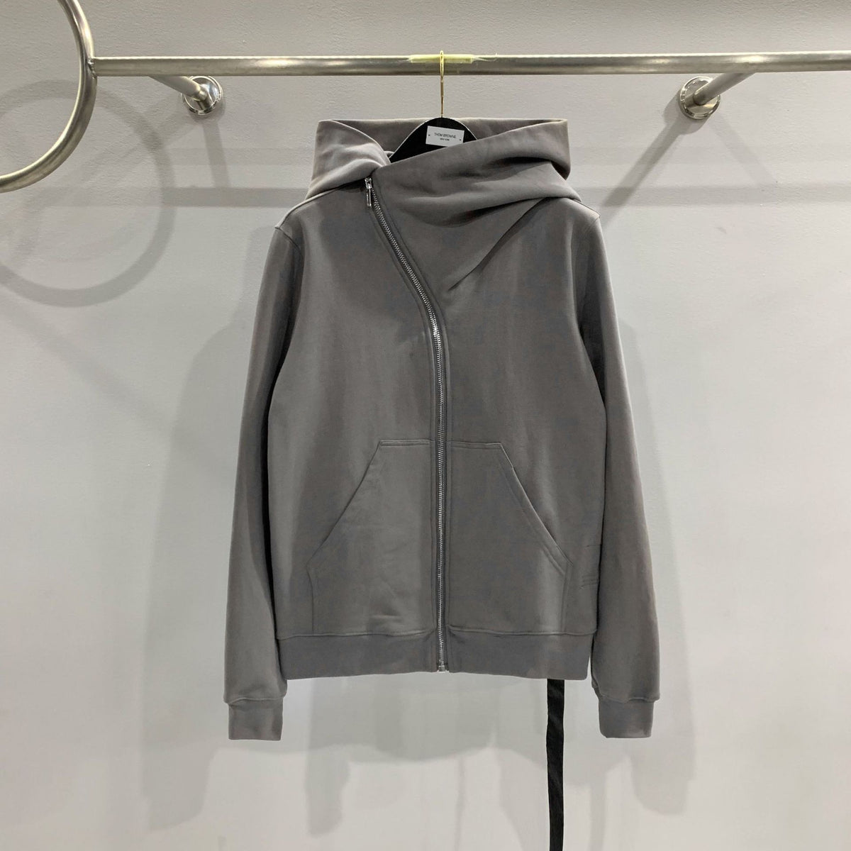 RO Dark Wizard Rick Owen Hoodie - Asymmetric Zip Avant-garde Black Winter Fleece