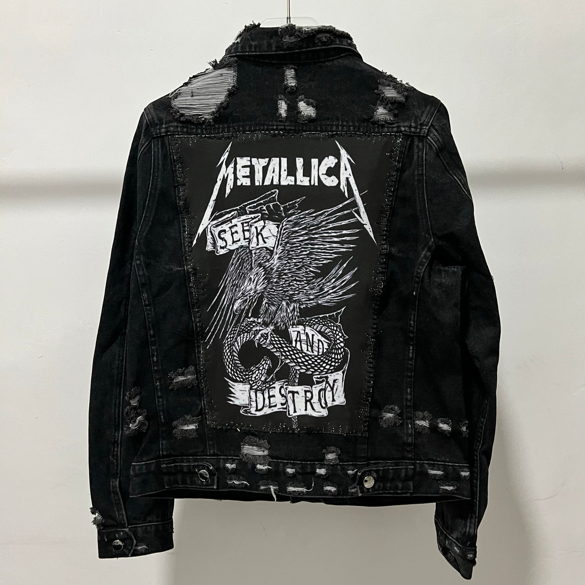 AMIRI Kill Back Denim Jacket - High Street Raw Hem Random Embroidered Patches