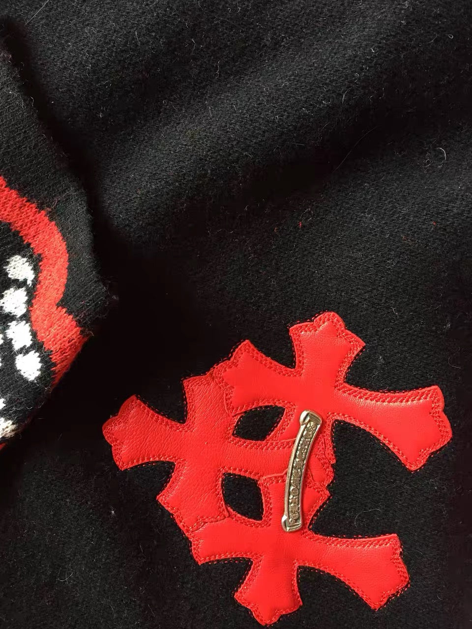 Matty Boy Chomper Lips Knit Sweater - Chrome Red Cross Leather Patch Pullover
