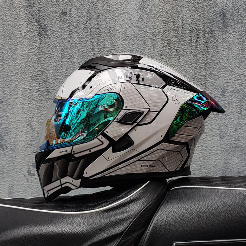 Futuristic motorcycle helmet with iridescent visor on black seat, sci-fi streetwear style