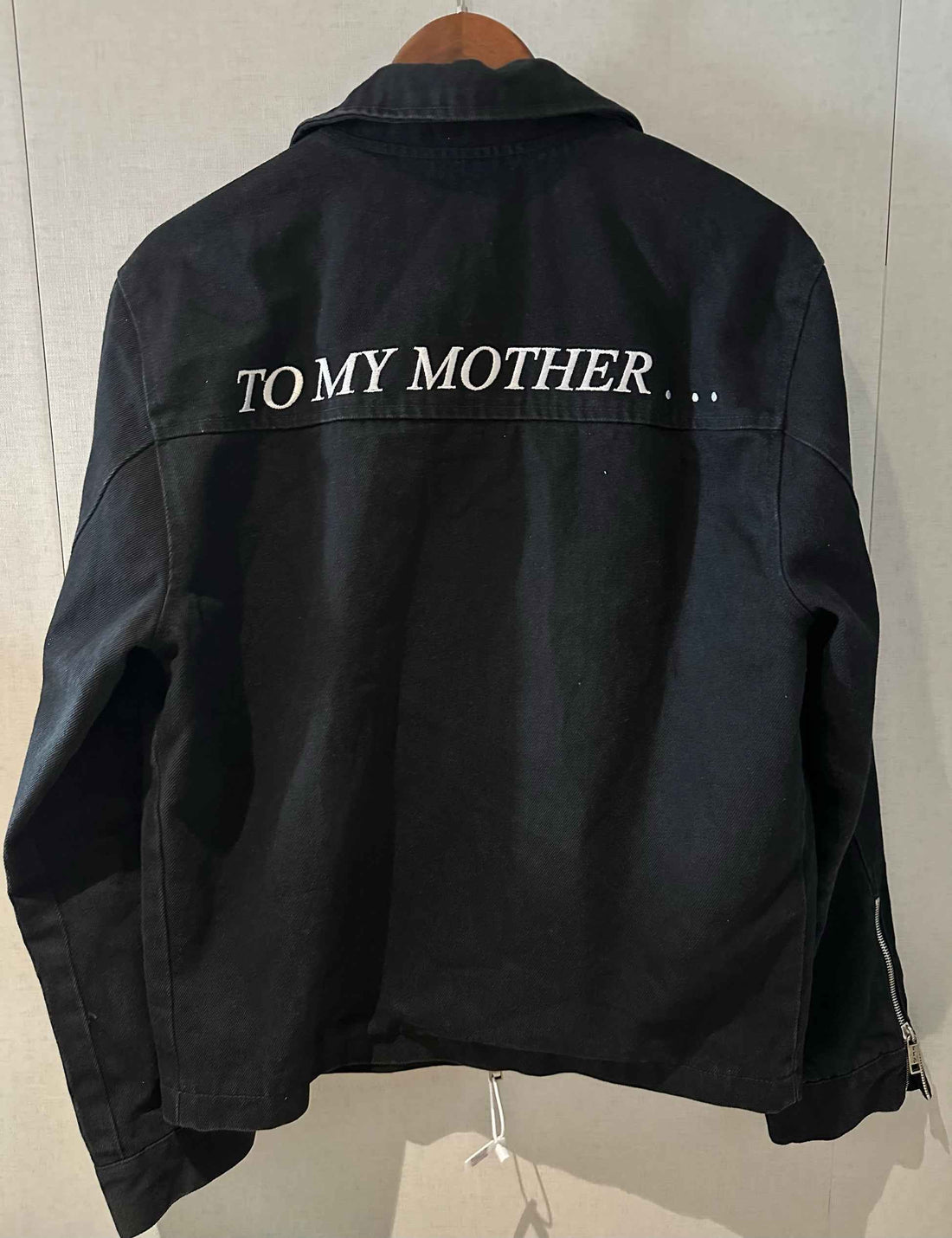 Black streetwear jacket with 'TO MY MOTHER...' text on back, donclickin unique style