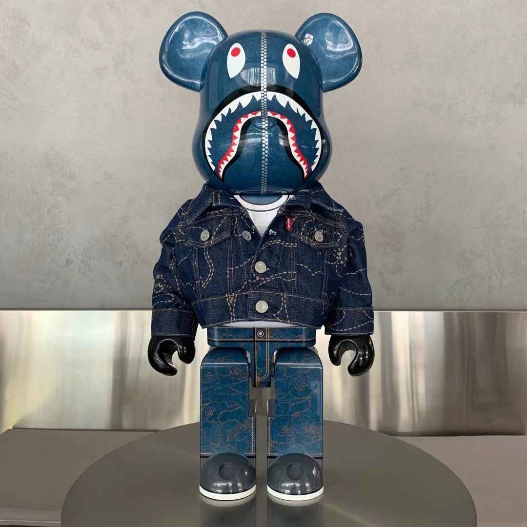 Streetwear designer toy in denim jacket and pants with bear head, donclickin exclusive style