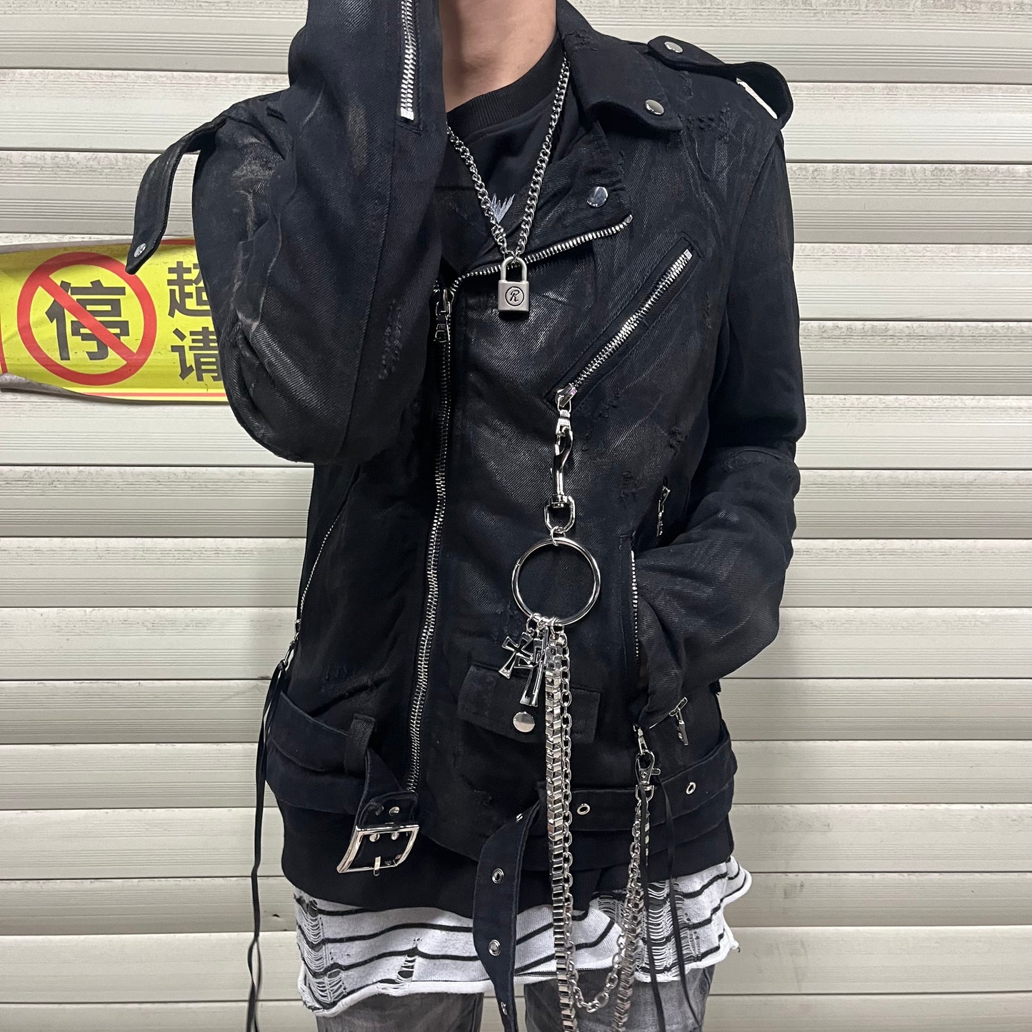AMIRI 16SS Heavyweight Waxed Biker Jacket - Slim Waist Zip Fit High-Street