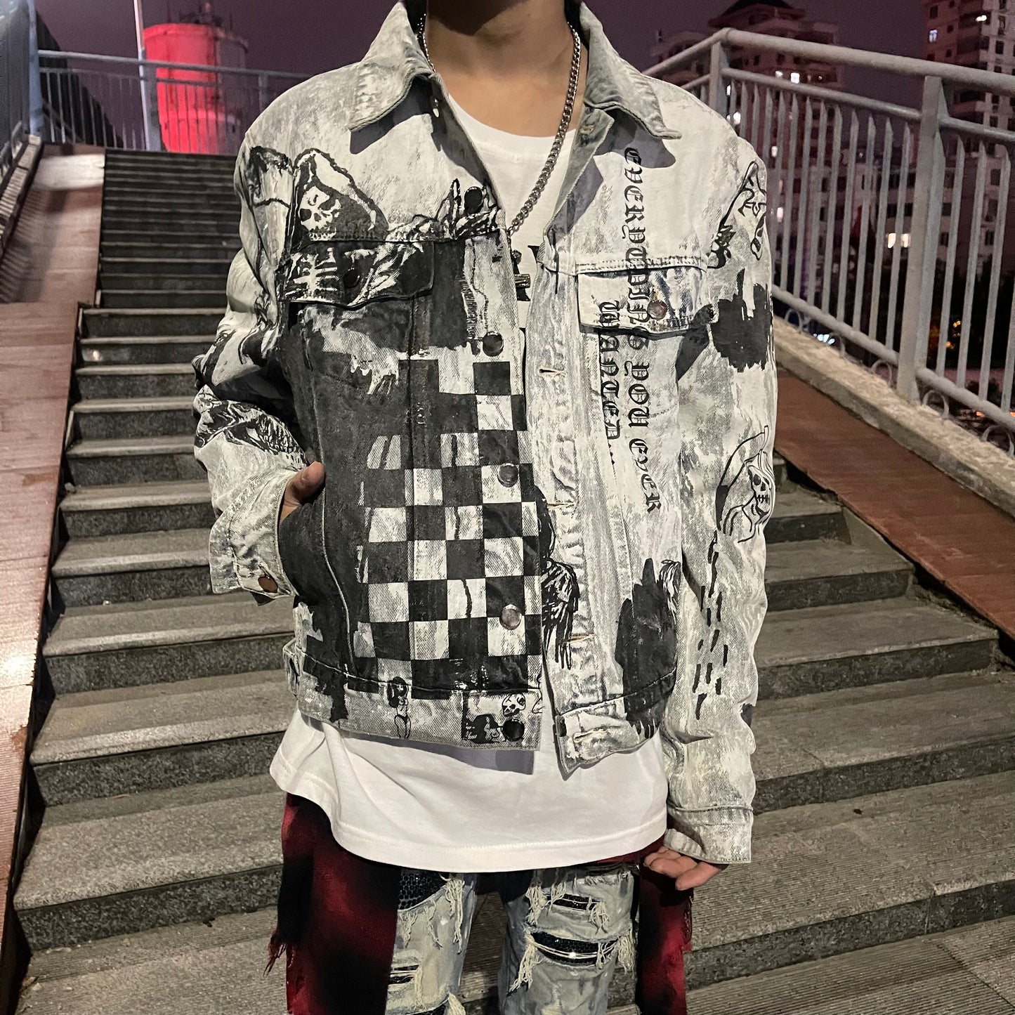 AMIRI 22FW Skull Reaper Graffiti Jackets - Hand Painted Waxed Denim