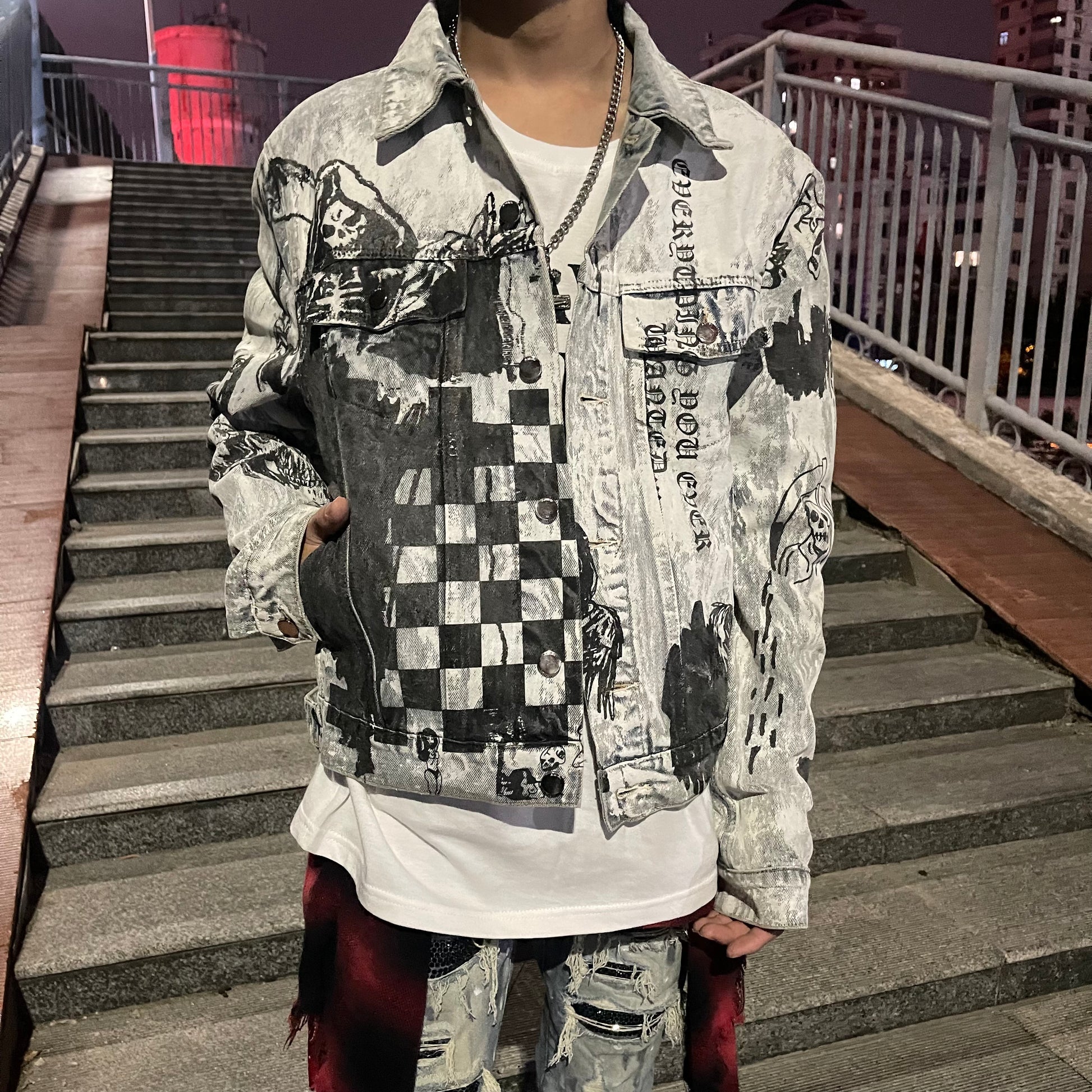 AMIRI 22FW Skull Reaper Graffiti Jackets - Hand Painted Waxed Denim