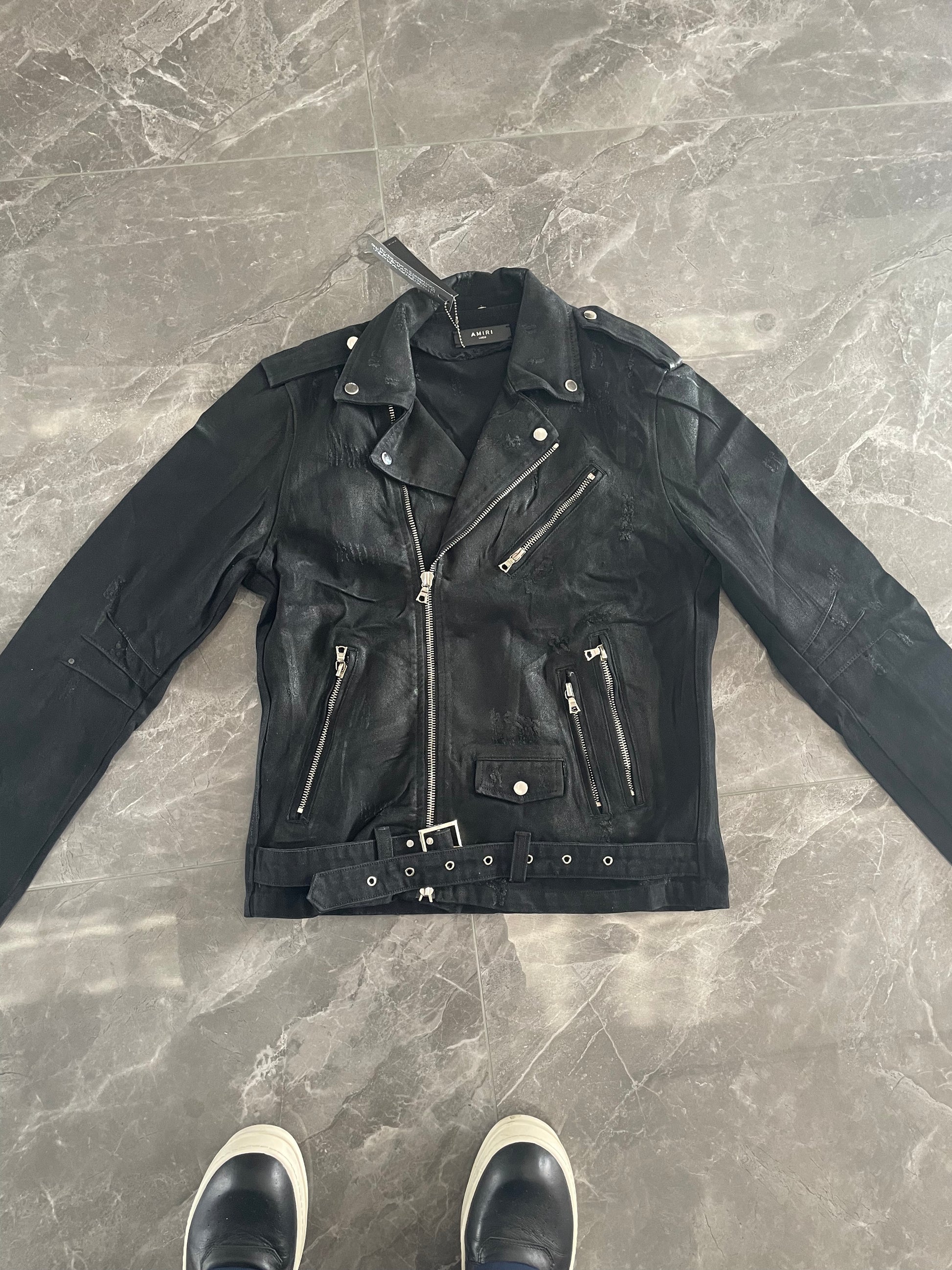 AMIRI 16SS Heavyweight Waxed Biker Jacket - Slim Waist Zip Fit High-Street