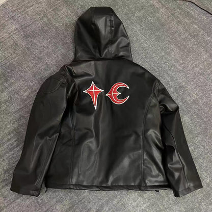 Thug Club Washed Black Hooded Leather Jacket - Cropped Biker Coat - 