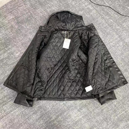 Thug Club Washed Black Hooded Leather Jacket - Cropped Biker Coat - 