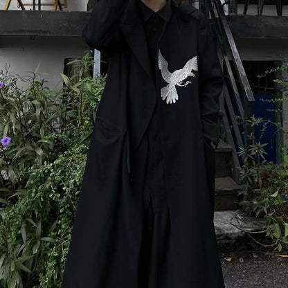 Yohji Wool Trench Coat - Double-Layered Collar White Raven Embroidery