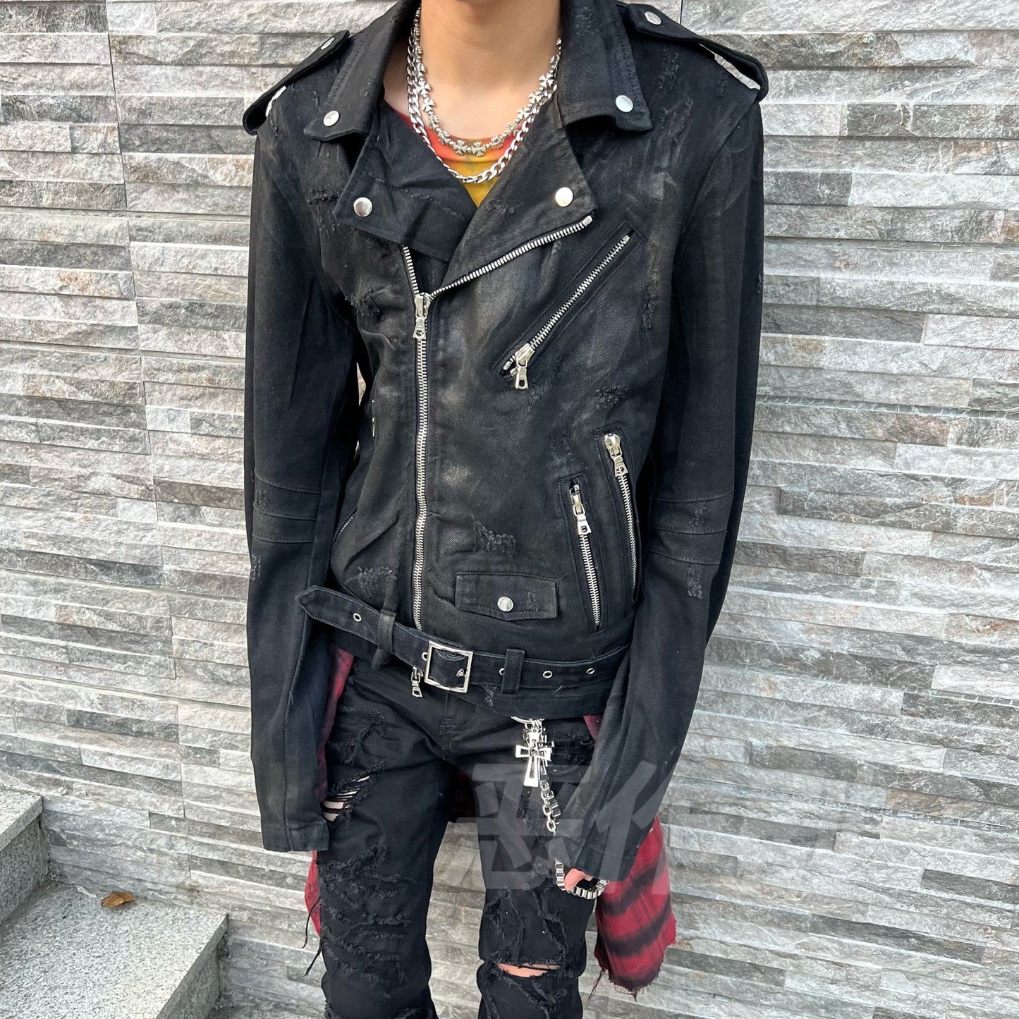 AMIRI 16SS Heavyweight Waxed Biker Jacket - Slim Waist Zip Fit High-Street